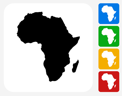 Africa Continent Icon. This 100% royalty free vector illustration features the main icon pictured in black inside a white square. The alternative color options in blue, green, yellow and red are on the right of the icon and are arranged in a vertical column.