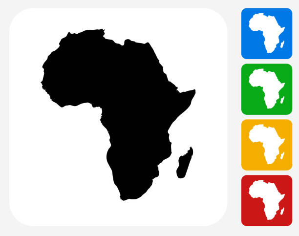 Africa Continent Icon Flat Graphic Design Africa Continent Icon. This 100% royalty free vector illustration features the main icon pictured in black inside a white square. The alternative color options in blue, green, yellow and red are on the right of the icon and are arranged in a vertical column. african stock illustrations