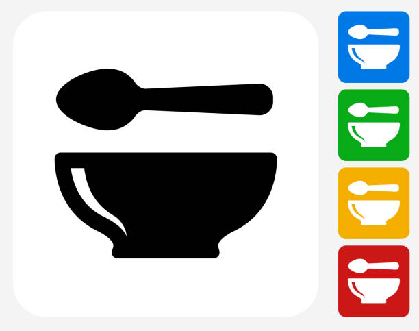 ilustraciones, imágenes clip art, dibujos animados e iconos de stock de cuchara y tazón iconos planos de diseño gráfico - cuenco