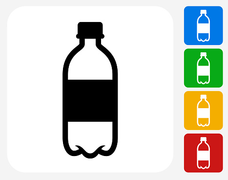 Water Bottle Icon. This 100% royalty free vector illustration features the main icon pictured in black inside a white square. The alternative color options in blue, green, yellow and red are on the right of the icon and are arranged in a vertical column.