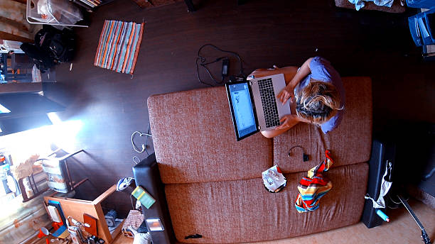 panoramic view on contemporary freelancer's living room stock photo