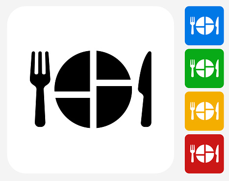 Food Serving Icon. This 100% royalty free vector illustration features the main icon pictured in black inside a white square. The alternative color options in blue, green, yellow and red are on the right of the icon and are arranged in a vertical column.