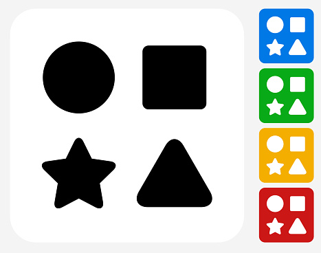 Shape Toys Icon. This 100% royalty free vector illustration features the main icon pictured in black inside a white square. The alternative color options in blue, green, yellow and red are on the right of the icon and are arranged in a vertical column.