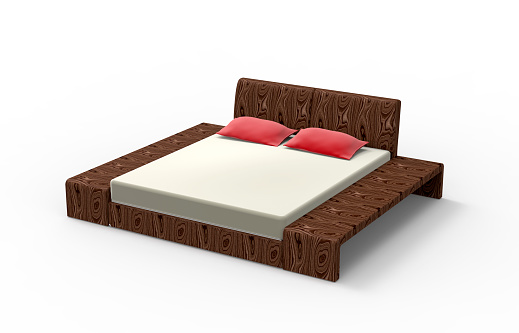 king sized bed made of wood isolated on white with clipping path