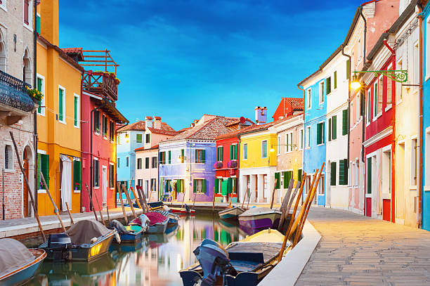 Burano Venice Italy Colorful houses at night in Burano, Venice Italy. venice italy stock pictures, royalty-free photos & images