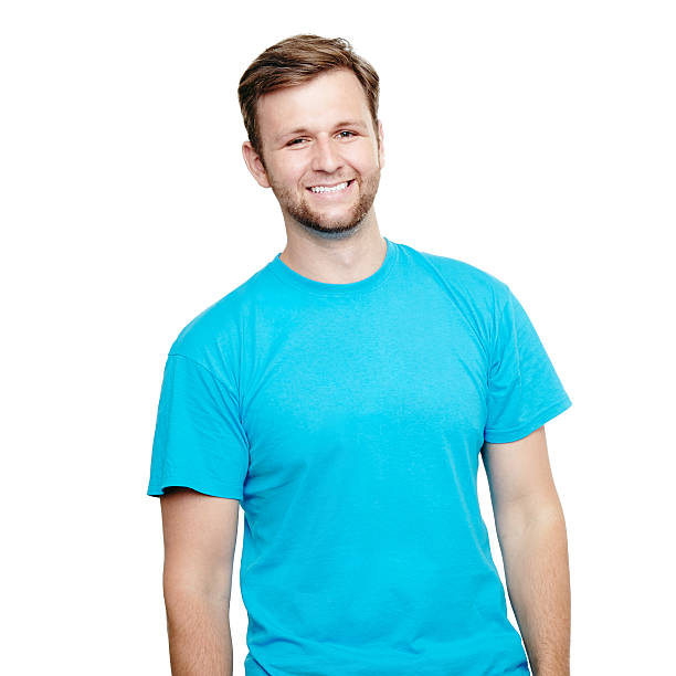 istock Smiling young man standing. Blue t-shirt design concept 492581486