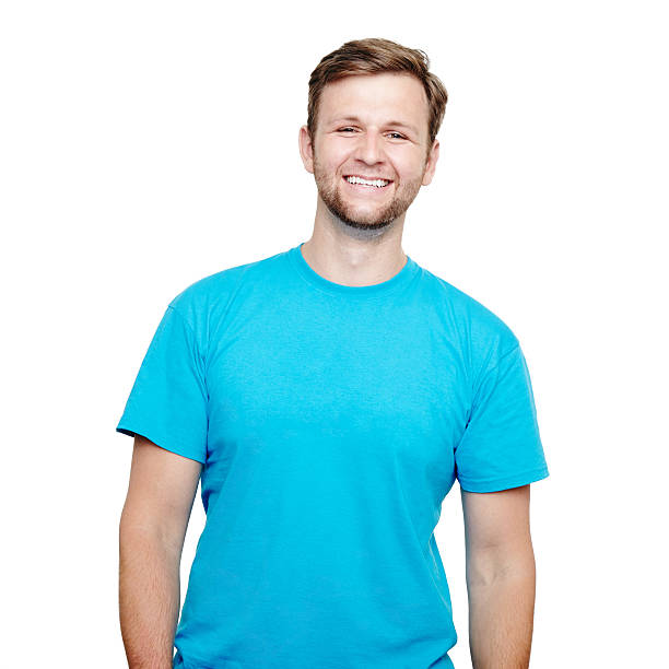 istock Smiling young man standing. Blue t-shirt design concept 492581506