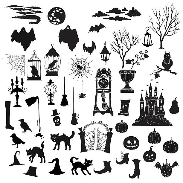 Halloween Halloween. Set of hand drawn elements. Can be used for backgrounds and cards of Halloween decorations. Pumpkin, cat, ghost, hours, castle, moon, autumn. Vector Illustration background of a owl black and white stock illustrations