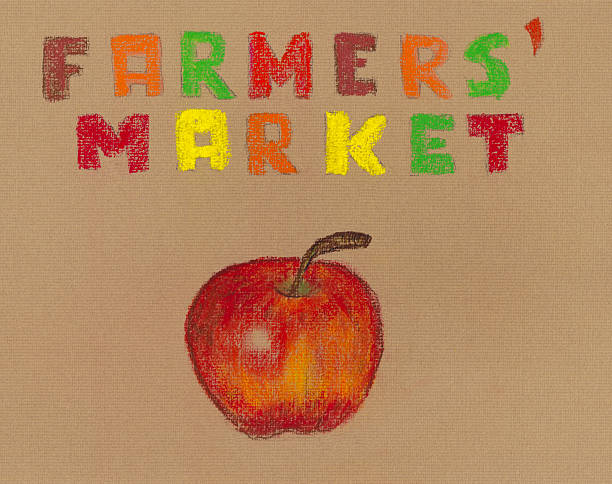 Sinal de Mão desenhada para mercado de agricultores com uma maçã vermelha. - ilustração de arte vetorial