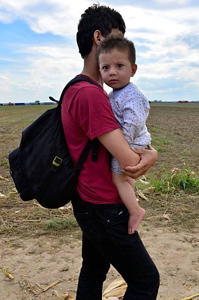 refugees in Sid (Serbian - Croatina border) stock photo