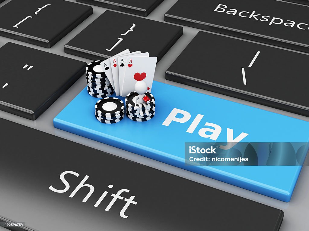 White people with chips and cards on the computer keyboard 3d renderer image. White people with chips and cards on the computer keyboard. Casino online games concept. 2015 Stock Photo