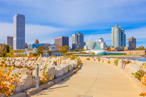 Milwaukee Skyline on the shoreline of Lake Michigan, Wisconsinhttp://i1136.photobucket.com/albums/n486/Ron_Patty/MidwestUSA_zps5c220f48.jpg