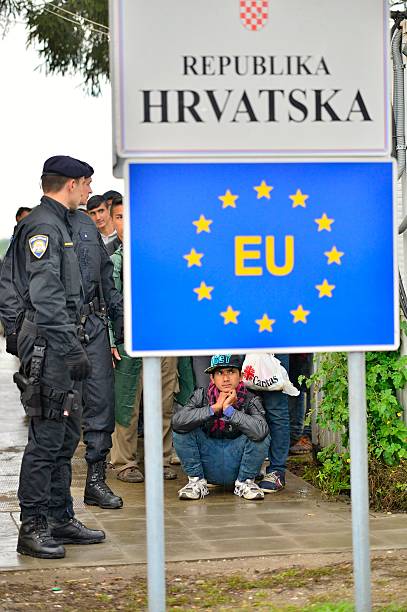 refugees in Tovarnik (Serbian - Croatina border) stock photo