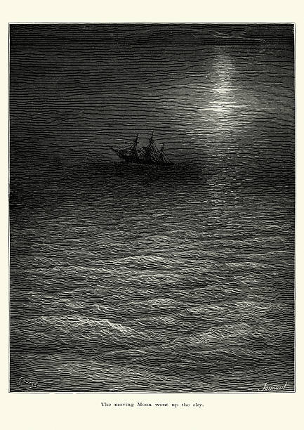 Rime of the Ancient Mariner Vintage engraving by Gustave Dore of a scene from the Rime of the Ancient Mariner, The moving Moon went up the sky. The Rime of the Ancient Mariner is the longest major poem by the English poet Samuel Taylor Coleridge. It relates the experiences of a sailor who has returned from a long sea voyage. The mariner stops a man who is on the way to a wedding ceremony and begins to narrate a story. 1882 ghost ship stock illustrations