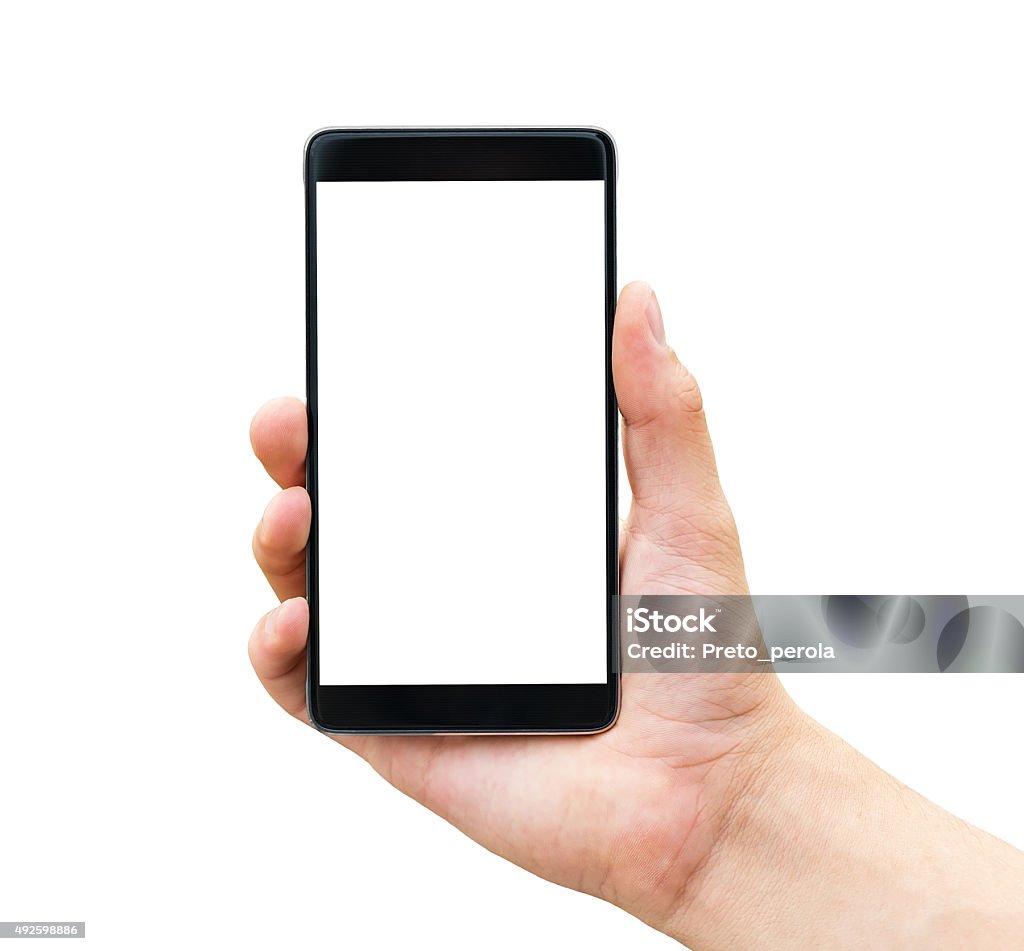 Hand holding mobile smart phone Hand holding mobile smart phone isolated on white background Cut Out Stock Photo