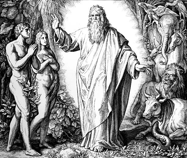 The sixth day of creation Engraving by the German painter Julius Schnorr von Carolsfeld (March 26, 1794 - May 24, 1872) adam and eve painting stock illustrations