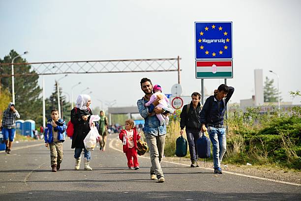 refugees leaving Hungary stock photo