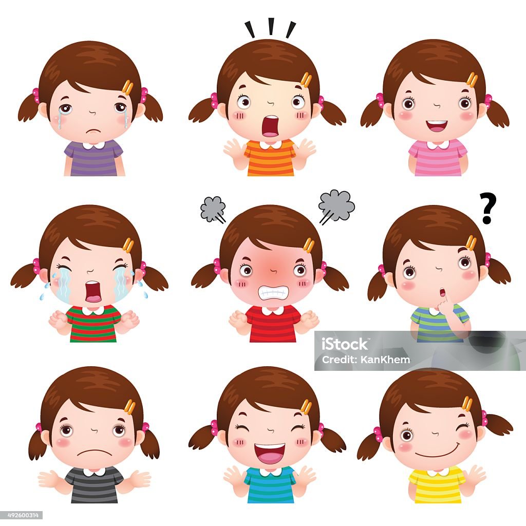 Cute Girl Faces Showing Different Emotions Stock Illustration - Download  Image Now - Child, Emotion, Human Face - iStock