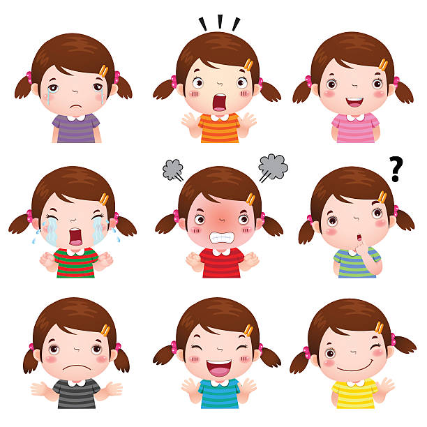Cute girl faces showing different emotions vector art illustration