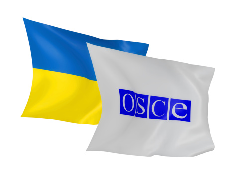 waving flags of Ukraine, OSCE on a white background