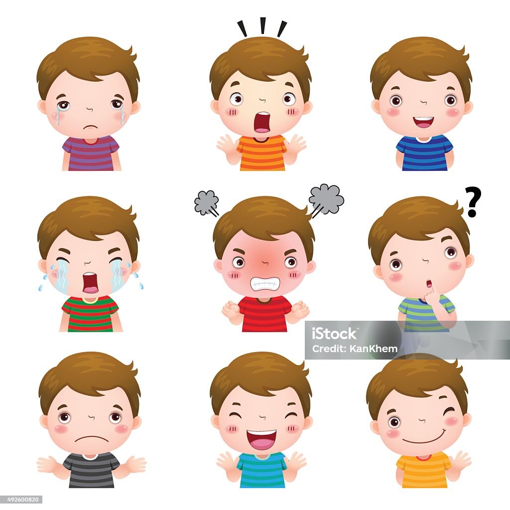 Cute boy faces showing different emotions Illustration of cute boy faces showing different emotions Emotion stock vector