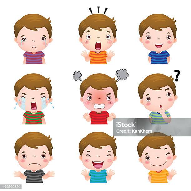 Cute Boy Faces Showing Different Emotions Stock Illustration - Download Image Now - Emotion, Child, Sadness