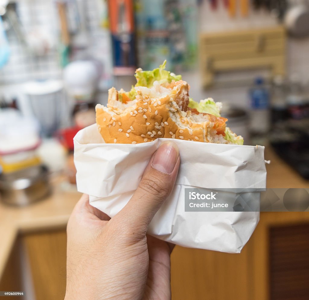 Holding Bitten Fish Burger 2015 Stock Photo