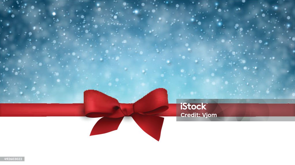 Christmas blue background with snow 
Winter background with snowflakes and place for text. Christmas blue defocused vector illustration with red bow. 2015 stock vector