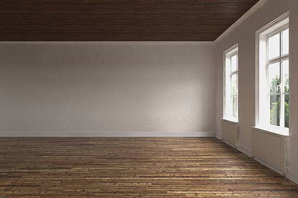istock 3d rendering. blank interior. White walls. Wooden floor 492608240