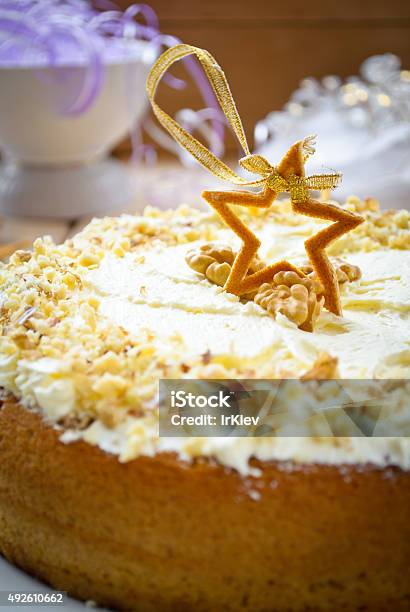 Homemade Cake With Butter Cream And Walnuts Stock Photo - Download Image Now - 2015, Backgrounds, Baked