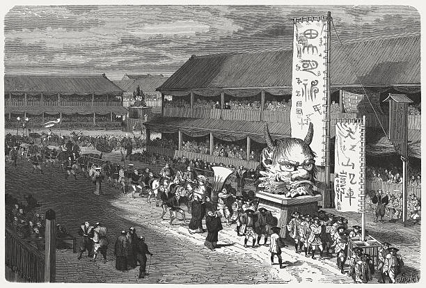 Japanese festival, published in 1871 Procession of the demon at the Kanda Myōjin in Japan. Wood engraving, published in 1871. tokyo streets stock illustrations