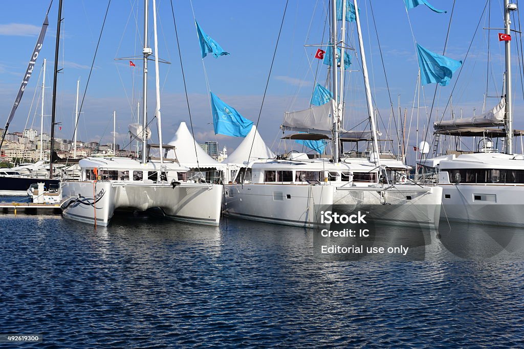 Sailing catamarans at Istanbul Boat Show 2015 Istanbul, Turkey - October 09, 2015: Sailing catamarans at Istanbul Boat Show 2015 2015 Stock Photo