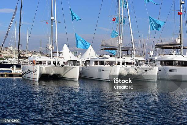 Sailing Catamarans At Istanbul Boat Show 2015 Stock Photo - Download Image Now - 2015, Blue, Boat Show