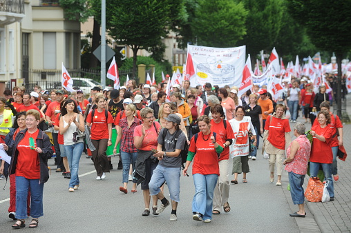 Worms, Germany - June 1, 2009 - Women protest against low payment in the nusery and kindergarten segment, strike and demonstrations