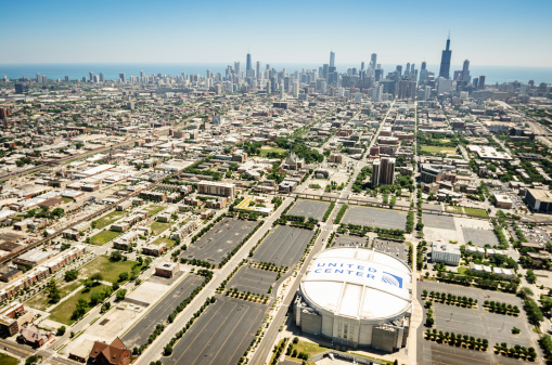Chicago, Illinois, USA - July 12, 2013: Aerial view of the United center stadium on chicago. United Center, also known as the \