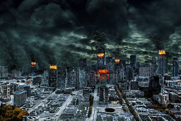 Cinematic Portrayal of Destroyed City With Copy Space Detailed destruction of a fictitious city with fires, building explosion, sinkholes, split grounds, train derailment. Concept of war, natural disasters, judgement day, fire, nuclear accident, terrorism, or meteorite fallout. nuclear fallout stock pictures, royalty-free photos & images