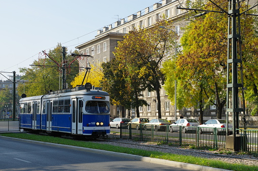 Riga, Latvia - July 7, 2017: Old blue and white city tram.