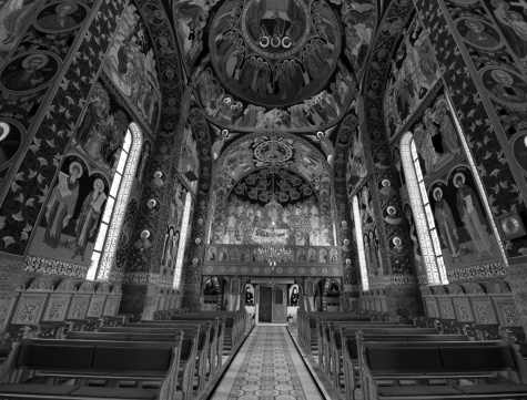 Beautiful orthodox church in the middle of Transylvania. Black and white hdr photo