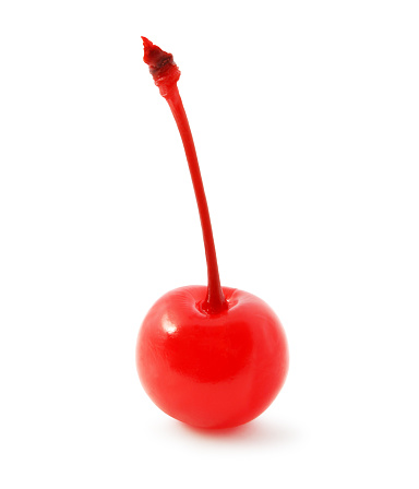 Single Maraschino Cherry isolated on white (excluding the shadow)