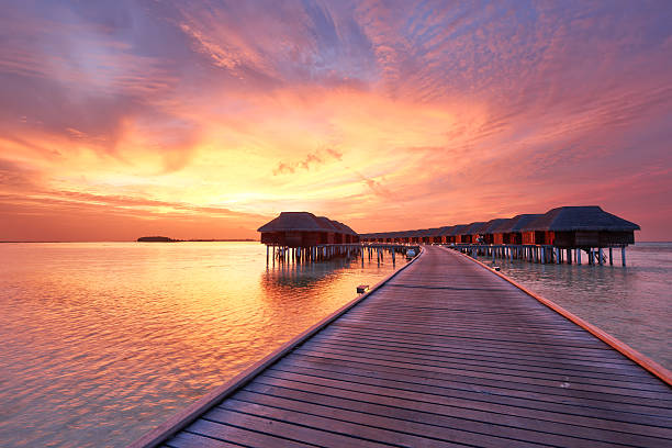 coucher de soleil sur la plage des maldives - pier water tropical climate seascape photos et images de collection