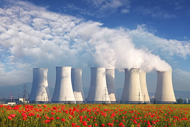 centrale nucleare con campo rosso e blu cielo - nuclear energy foto e immagini stock