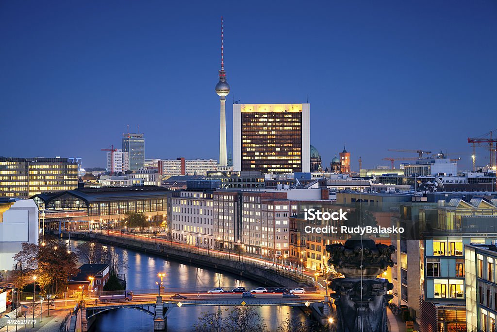Berlin. Aerial view of Berlin, capital city of Germany, during twilight blue hour. Berlin Stock Photo