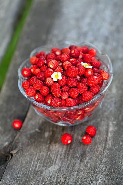 istock wild strawberries on wooden surface 492630245