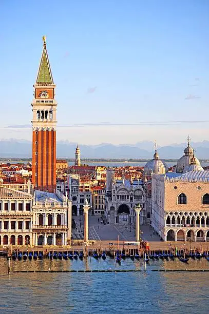 An aerial view of probably the best known landmark in Venice; St.Mark's Square with its dominant Campanile clock tower and the Doge's Palace with its Venetian Gothic arches