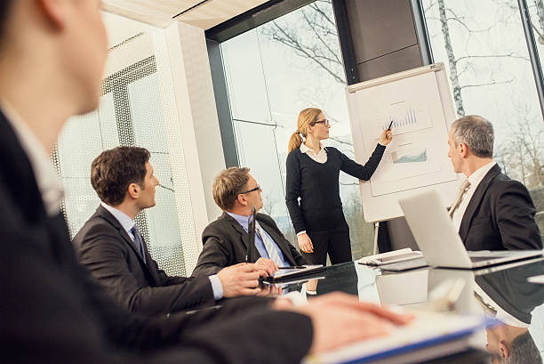 istock Businesswoman explaining and pointing to a graph chart 492630774