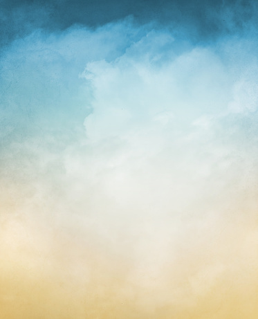 An abstraction of fog and clouds on a textured background with a pastel color gradient.  Image displays a distinct grain and texture at 100 percent.