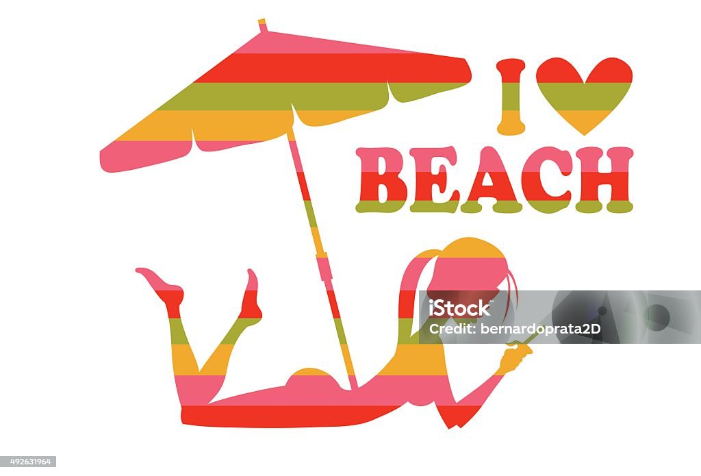 I love beach Teen girl on the beach with her tent. While sunbathing she key on her cell phone. She's in love with the beach. 2015 stock vector