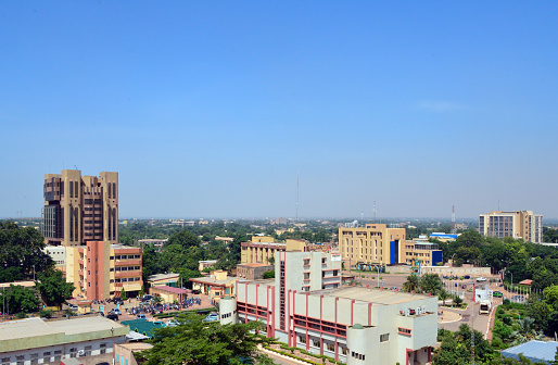 Ouagadougou city center - skyline with the Central Bank of West African States (BCEAO) tower, the City Hall, the Social Security and several other downtown government buildings - Burkina Faso, West Africa