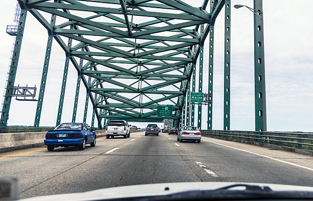 Kittery, Maine, USA - July 25, 2011: Traffic crossing the Piscataqua River Bridge - part of US Route I 95 - toward Kittery, Maine from Portsmouth, New Hampshire.