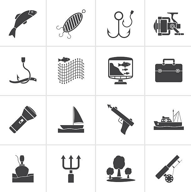 Black Fishing industry icons Black Fishing industry icons - vector icon set harpoon stock illustrations